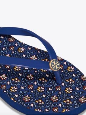 Tory Burch Navy Floral Logo Flip Flop with Gold Emblem